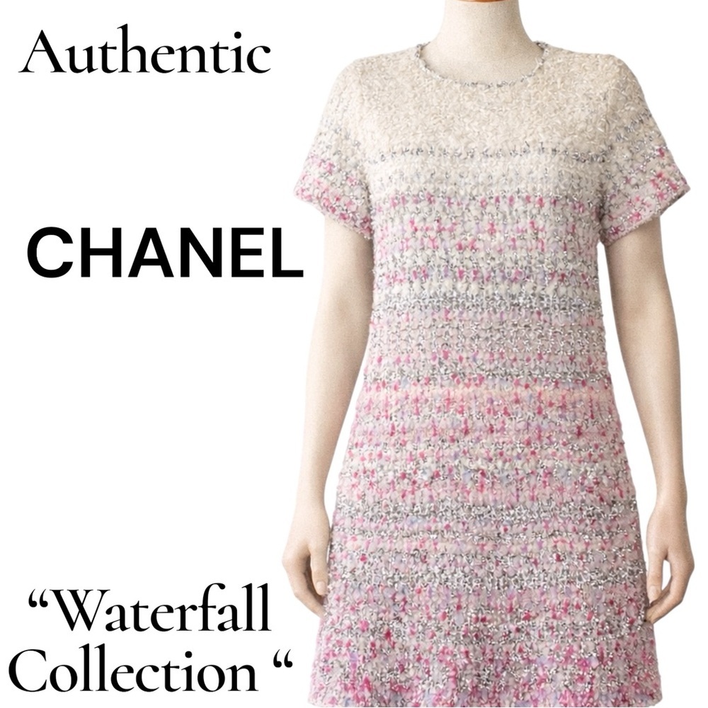 Chanel Italy Pink Silver Tweed Waterfall Collection Dress Cashmere Silk Italy
